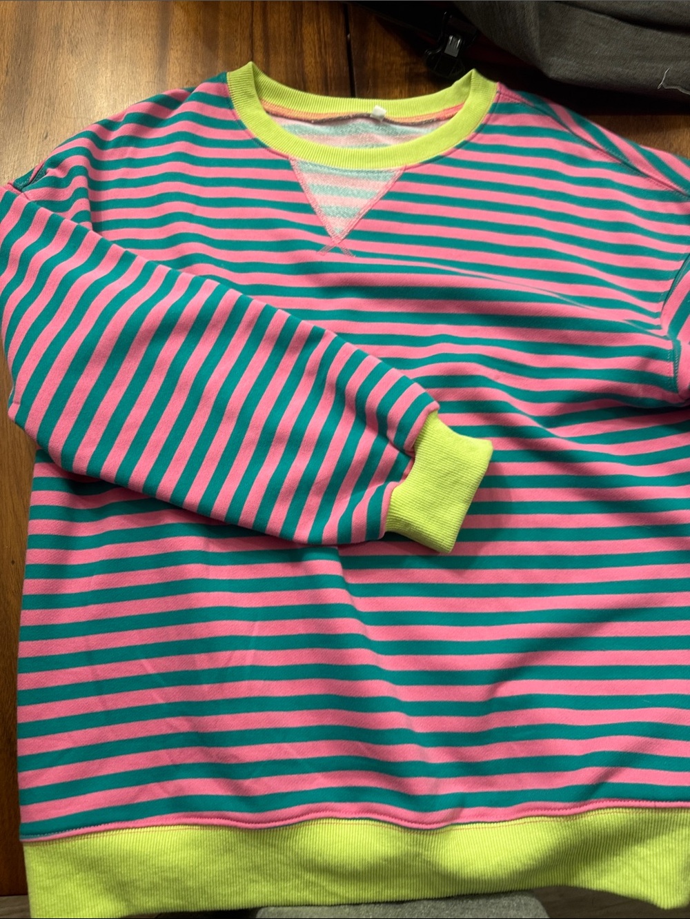 Pink and Teal Striped Crewneck Sweatshirt with Neon Yellow Trim